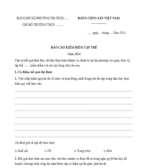 Tải Báo cáo kiểm điểm tập thể chi bộ năm 2024 trường THCS và hướng dẫn viết