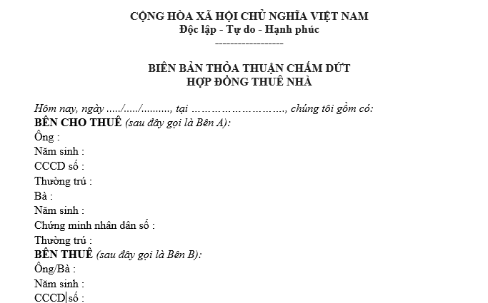 Mẫu biên bản thỏa thuận chấm dứt hợp đồng thuê căn hộ chung cư Phúc Yên 3 là mẫu nào?