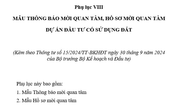 Tải mẫu thông báo mời quan tâm, hồ sơ mời quan tâm dự án đầu tư có sử dụng đất mới nhất ở đâu? 