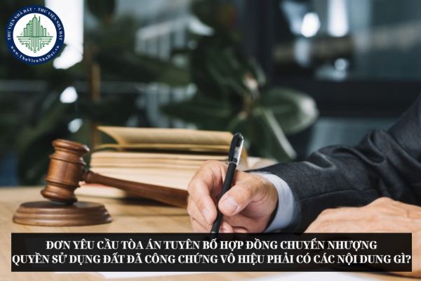 Đơn yêu cầu Tòa án tuyên bố hợp đồng chuyển nhượng quyền sử dụng đất đã công chứng vô hiệu phải có các nội dung gì?