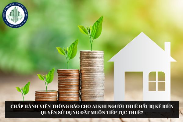 Chấp hành viên thông báo cho ai khi người thuê đất bị kê biên quyền sử dụng đất muốn tiếp tục thuê?