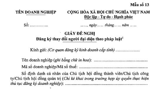Tải file word mẫu giấy đề nghị đăng ký thay đổi người đại diện theo pháp luật theo Thông tư 68/2025/TT-BTC