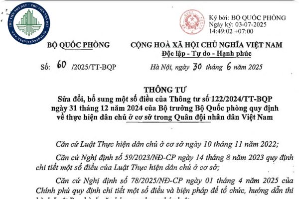 Tải file Thông tư 60/2025/TT-BQP sửa đổi Thông tư 122/2024 về thực hiện dân chủ ở cơ sở trong Quân đội nhân dân Việt Nam
