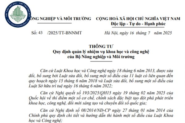 Tải file Thông tư 43/2025/TT-BNNMT quản lý nhiệm vụ khoa học và công nghệ của Bộ Nông nghiệp và Môi trường