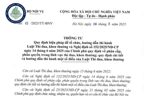Tải file Thông tư 15/2025/TT-BNV hướng dẫn thi hành Luật Thi đua khen thưởng và Nghị định 152/2025 