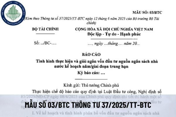 Tải mẫu báo cáo tình hình thực hiện và giải ngân vốn đầu tư nguồn ngân sách nhà nước kế hoạch năm/giai đoạn trung hạn (Mẫu số 03/BTC Thông tư 37/2025/TT-BTC)