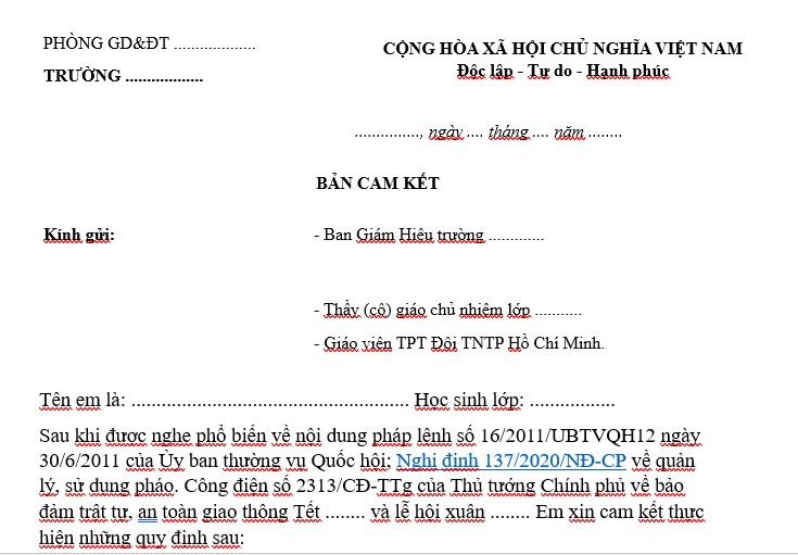 Mẫu cam kết không sử dụng pháo nổ cho học sinh dịp Tết Nguyên đán 2025?