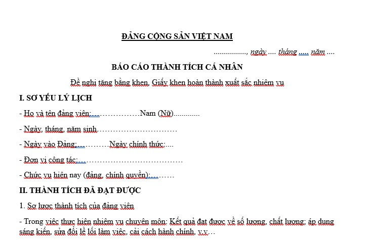 Mẫu báo cáo thành tích cá nhân Đảng viên mới nhất