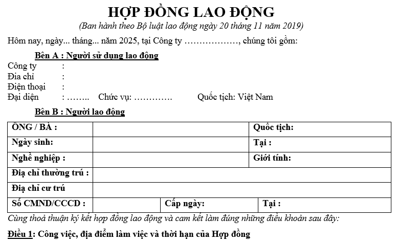 Mẫu hợp đồng lao động vô thời hạn, không xác định thời hạn 2025