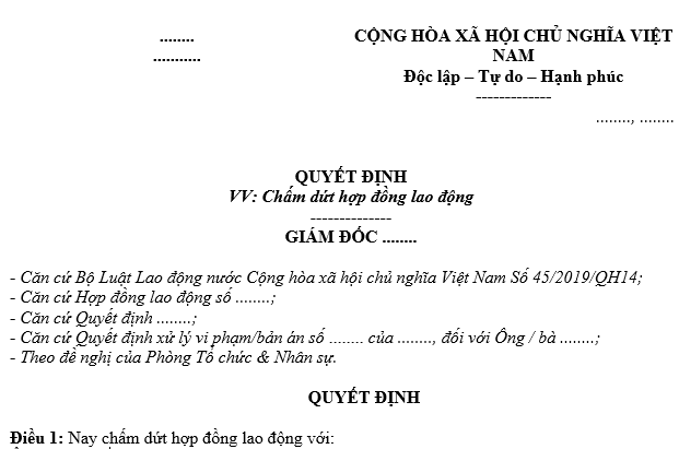 Mẫu quyết định chấm dứt hợp đồng lao động mới nhất năm 2025 là mẫu nào?