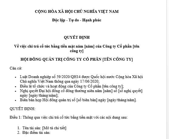 Mẫu Quyết định chi trả cổ tức bằng tiền mặt của công ty cổ phần