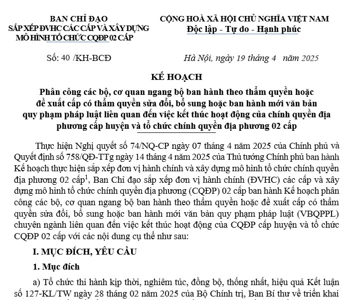 Toàn văn Kế hoạch 40 KH BCĐ sửa đổi bổ sung ban hành văn bản về kết thúc cấp huyện, tổ chức chính quyền địa phương 2 cấp