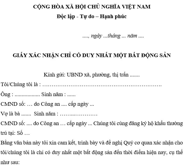 Mẫu cam kết căn nhà duy nhất để miễn thuế TNCN khi chuyển nhượng nhà ở, đất mới nhất 2025