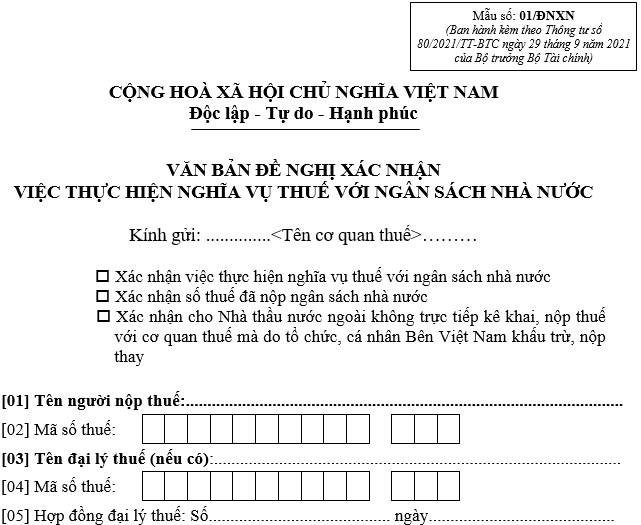 Văn bản đề nghị xác nhận việc thực hiện nghĩa vụ thuế với ngân sách nhà nước