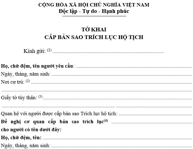 Mẫu tờ khai cấp bản sao trích lục hộ tịch 2025 mới nhất