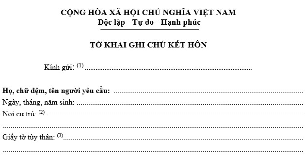 Tờ khai ghi chú kết hôn theo mẫu được ban hành kèm theo Thông tư 04 2020 TT BTP