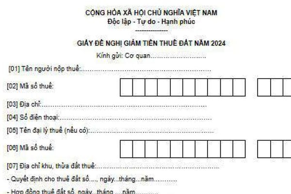 giấy đề nghị giảm tiền thuê đất