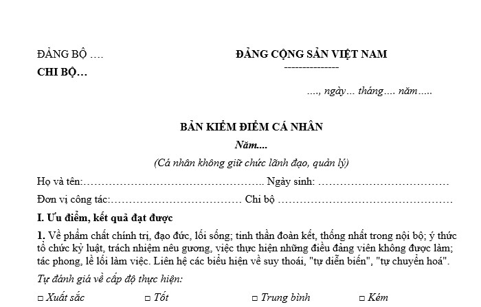 Mẫu bản kiểm điểm học sinh, sinh viên Đảng viên 2024