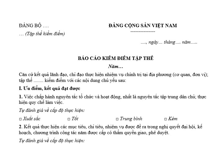 Báo cáo kiểm điểm tập thể lãnh đạo quản lý