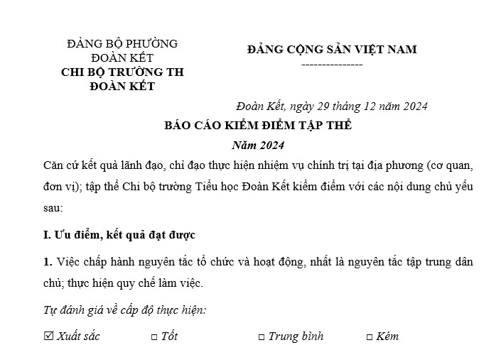 Mẫu Báo cáo kiểm điểm tập thể Chi bộ năm 2024 viết sẵn số 1