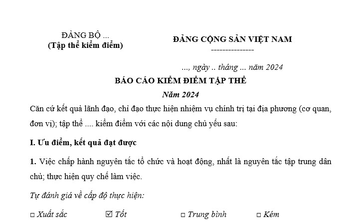 Mẫu Báo cáo kiểm điểm tập thể Chi bộ năm 2024 viết sẵn số 2