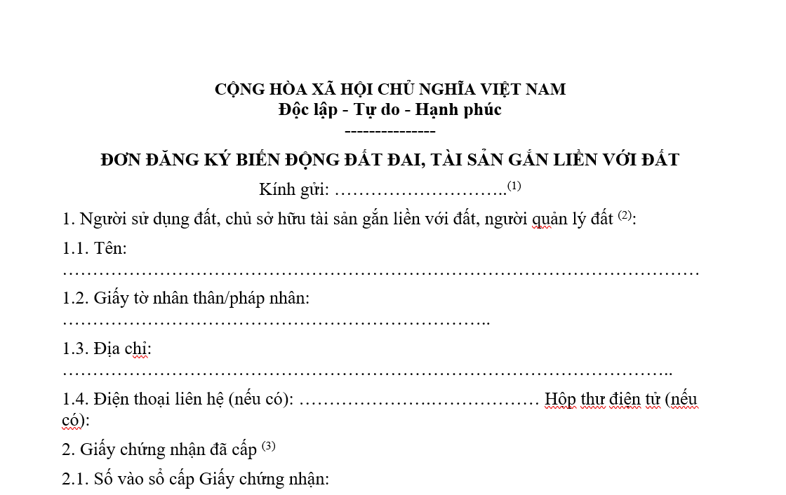 Mẫu đơn đăng ký biến động đất đai, tài sản gắn liền với đất 