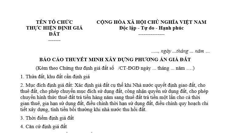 Mẫu báo cáo thuyết minh xây dựng phương án giá đất