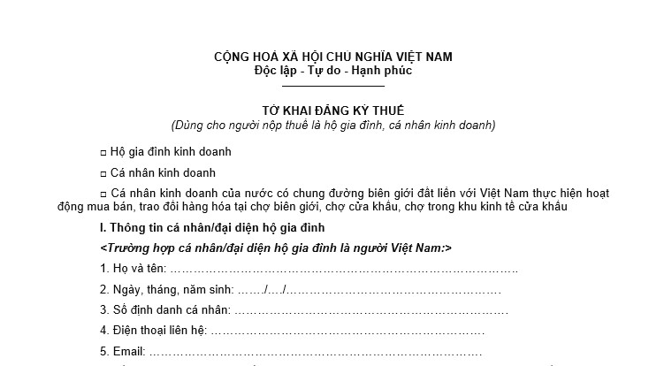 Mẫu Tờ khai thuế cho hộ kinh doanh được quy định theo mẫu số 03-ĐK-TCT 