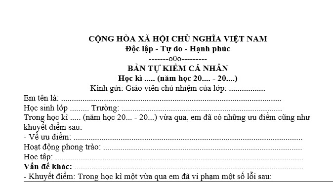 Mẫu bản tự xếp loại hạnh kiểm của học sinh THCS học kỳ 1 2024 2025