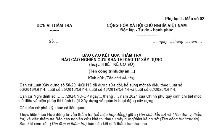 Mẫu Báo cáo kết quả thẩm tra Báo cáo nghiên cứu khả thi đầu tư xây dựng