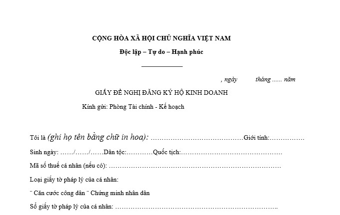 Mẫu giấy đề nghị đăng ký hộ kinh doanh mới nhất