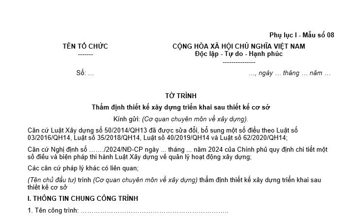 Mẫu Tờ trình thẩm định thiết kế xây dựng triển khai sau thiết kế cơ sở năm 2025