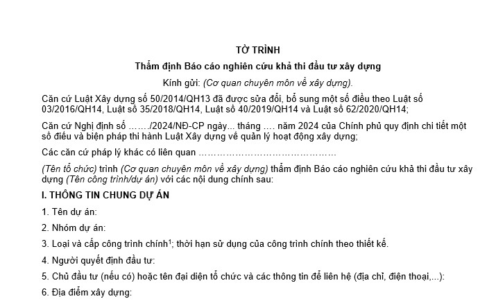 Mẫu Tờ trình thẩm định Báo cáo nghiên cứu khả thi đầu tư xây dựng