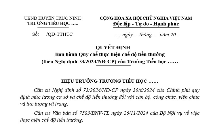 Mẫu Quy chế khen thưởng theo Nghị định 73 2024 của trường tiểu học