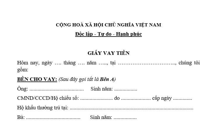 Mẫu giấy vay tiền mới nhất 2025