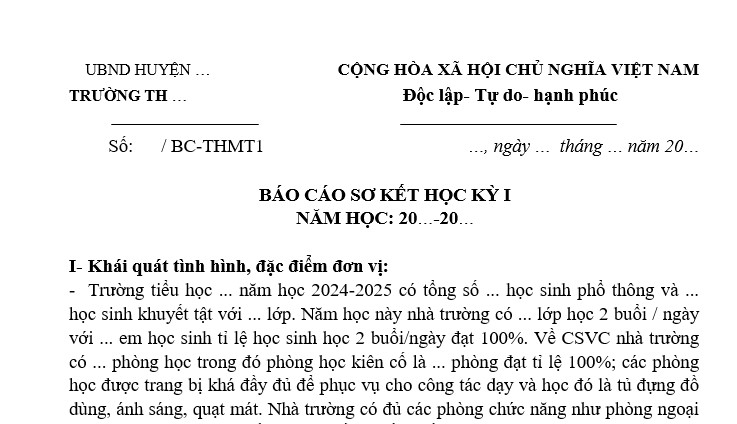 Mẫu 1 báo cáo sơ kết học kì 1 trường tiểu học 2024 2025