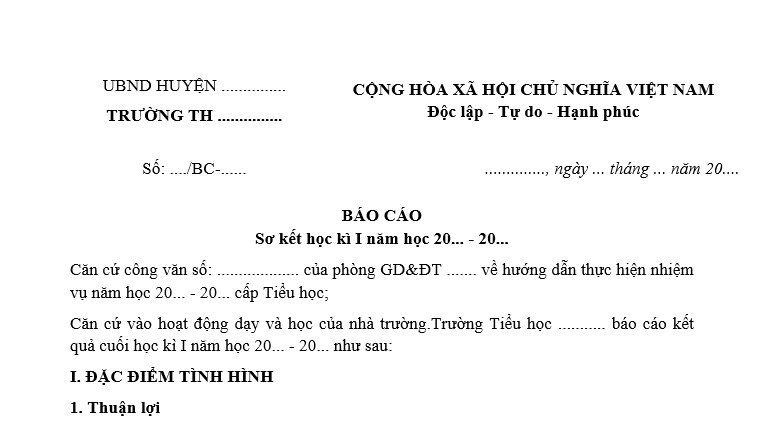 Mẫu 2 báo cáo sơ kết học kì 1 trường tiểu học 2024 2025