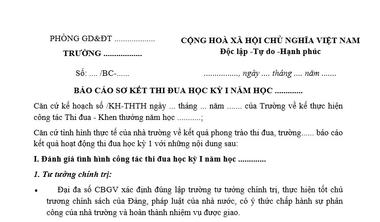 Mẫu 3 báo cáo sơ kết học kì 1 trường tiểu học 2024 2025