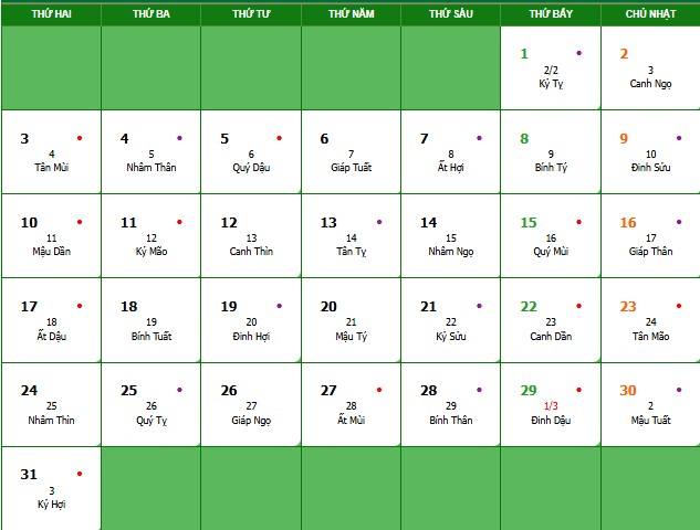 Lịch âm tháng 3 năm 2025