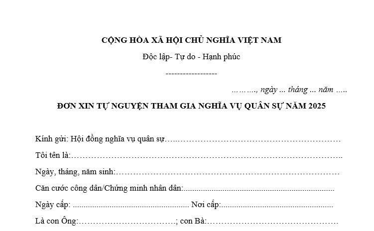 Mẫu đơn tình nguyện nhập ngũ 2025