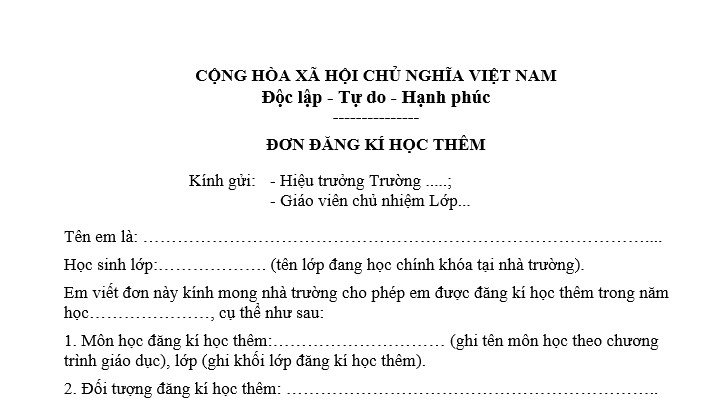 Mẫu đơn đăng ký học thêm theo thông tư 29