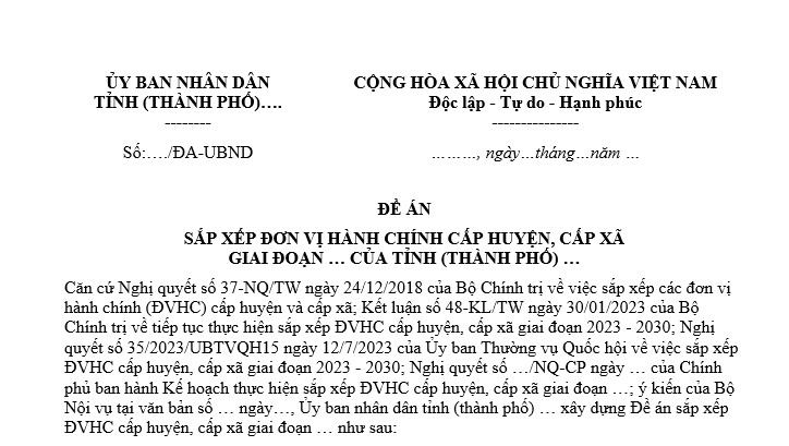 Mẫu Đề án sắp xếp đơn vị hành chính cấp huyện, xã 2025 theo Nghị quyết 35