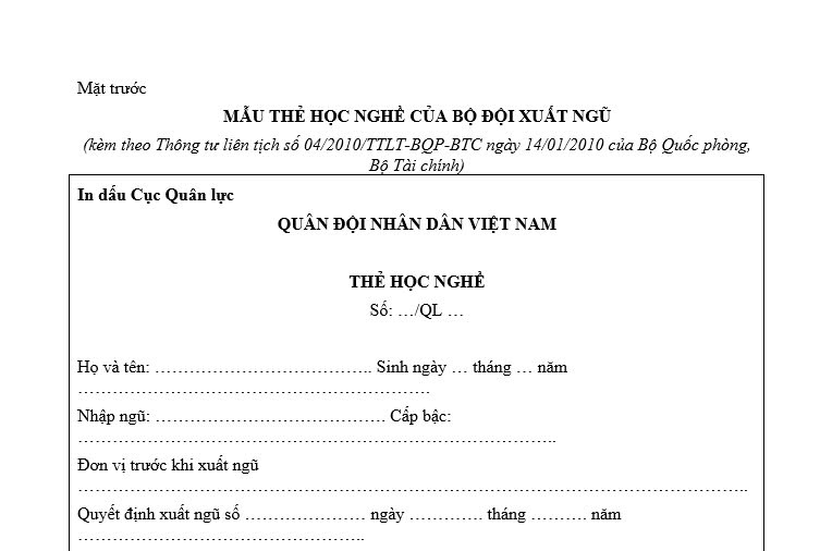 Mẫu Thẻ học nghề bộ đội xuất ngũ 