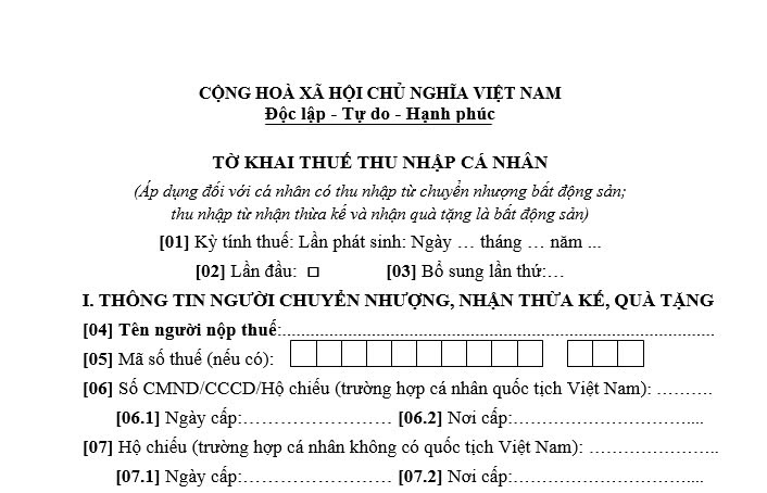 Mẫu Tờ khai thuế TNCN chuyển nhượng đất 03/BĐS-TNCN