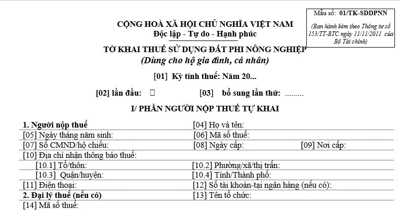 Mẫu Tờ khai thuế sử dụng đất phi nông nghiệp 01/TK-SDDPNN