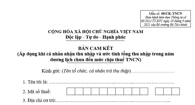 Mẫu Bản cam kết thu nhập cá nhân 08 CK TNCN