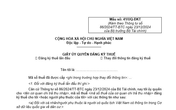Giấy ủy quyền đăng ký thuế 41 UQ ĐKT