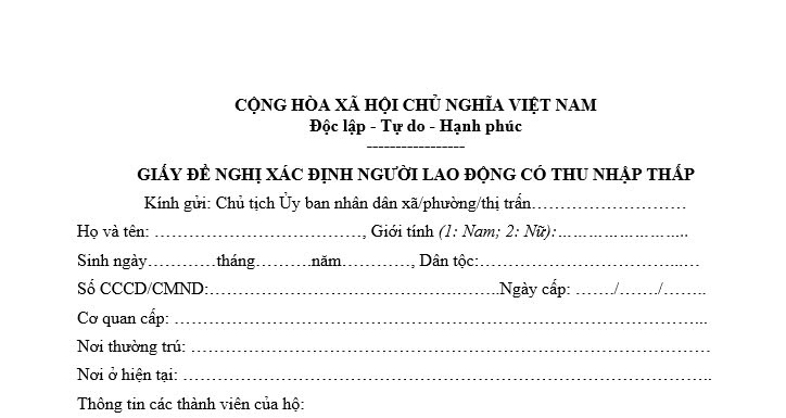 giấy đề nghị xác định người lao động có thu nhập thấp 2025