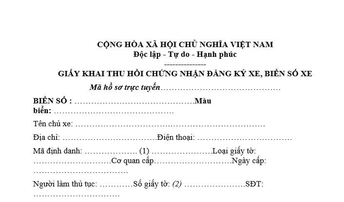 Mẫu giấy khai thu hồi chứng nhận đăng ký xe, biển số xe
