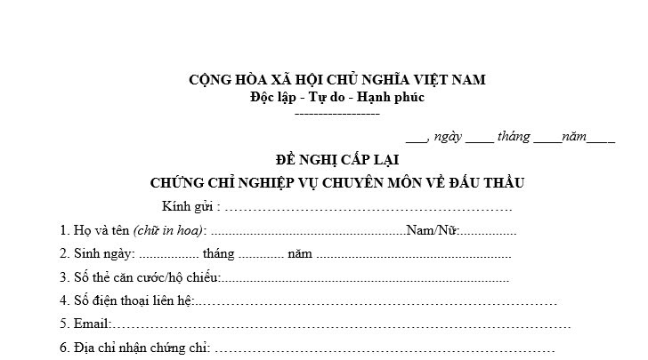đề nghị cấp lại chứng chỉ nghiệp vụ chuyên môn về đấu thầu 